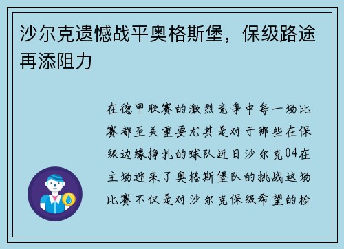 沙尔克遗憾战平奥格斯堡，保级路途再添阻力